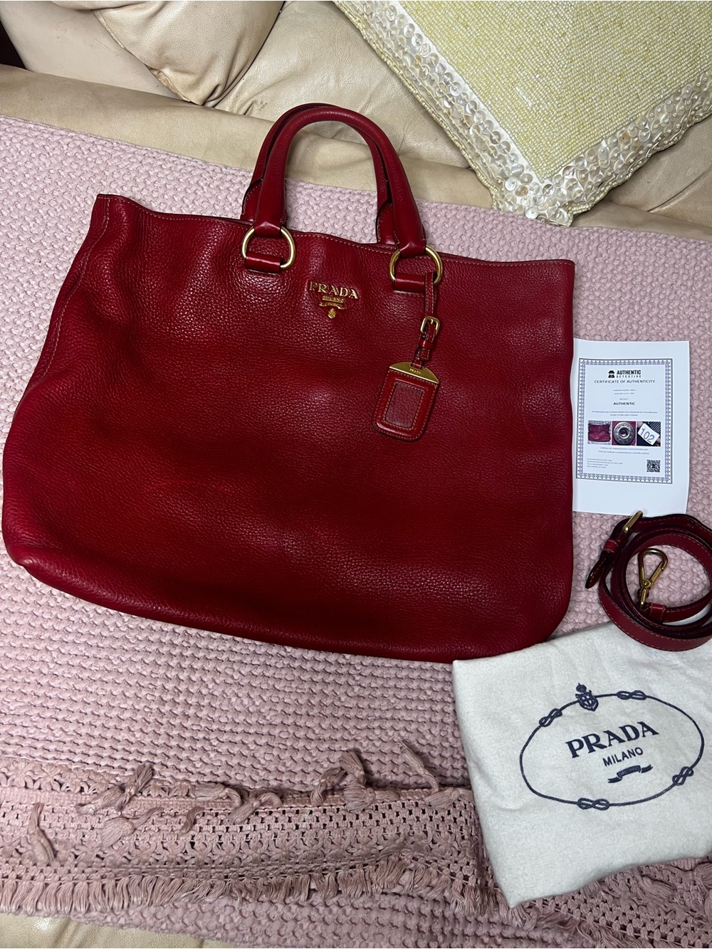 PRADA DARK RED VITELLO DAINO LEATHER LARGE CROSSBODY/TOTE BAG - Picture 3 of 17